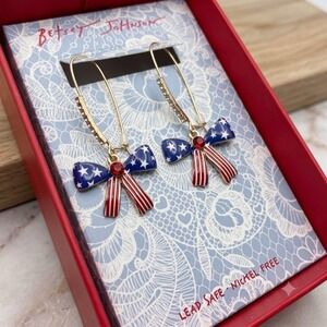 Betsey Johnson Americana Bow Gold Tone Red, White & Blue Drop Earrings Patriotic